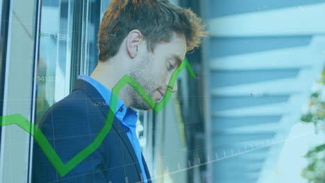 animación del procesamiento de datos financieros sobre empresario caucásico usando tableta en la oficina.