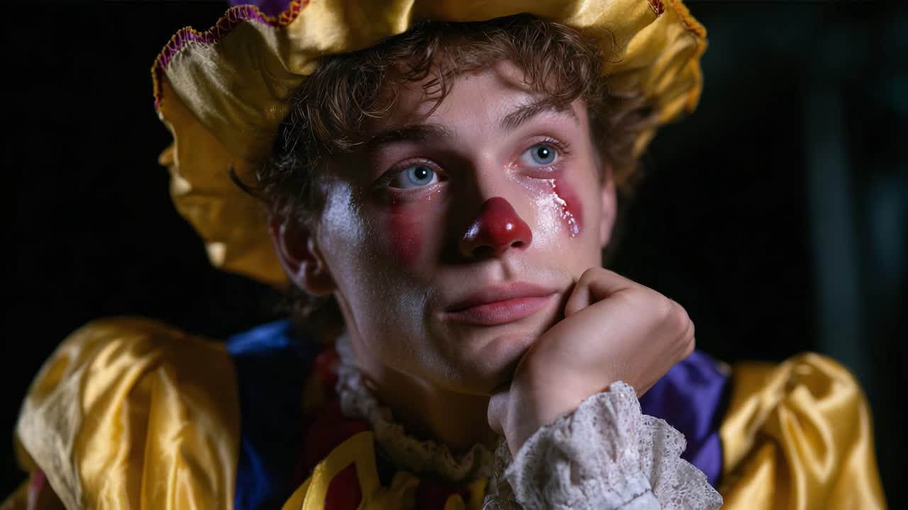 A Reflective Clown: Capturing the Emotions of a Performer in Introspection and Contemplation, Highlighting the Duality of Joy and Sorrow Through Expression