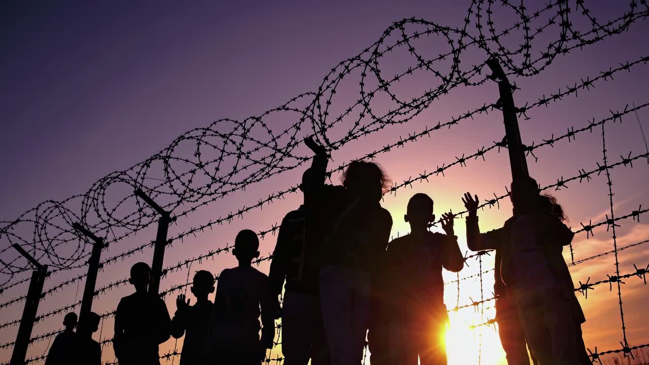 Gruppo di persone in silhouette in piedi accanto a un recinto di filo spinato al tramonto, a simboleggiare i confini