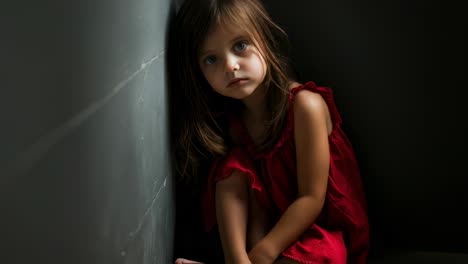 lonely young girl in red dress sitting isolated, dark room background, hugging knees with sorrowful expression, long brown hair framing downcast face