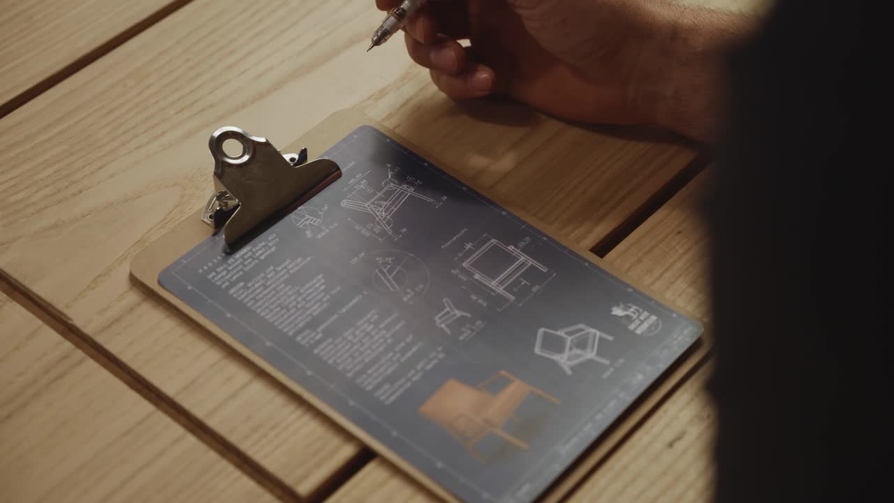 Close-up of a craftsman’s hands holding a pen and blueprint on a wooden workbench, representing careful planning, precision, and craftsmanship in a woodworking studio