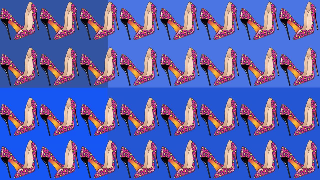 추상적인 파란색 배경에 반복되고 움직이는 분홍색 패턴의 높은 발바닥 신발의 애니메이션