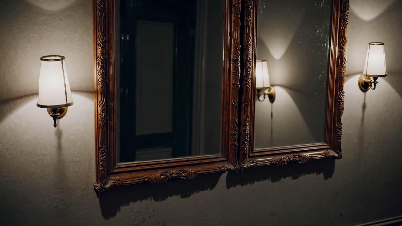 Un corridoio scarsamente illuminato con specchi decorati e applique vintage, ripreso ad altezza occhi