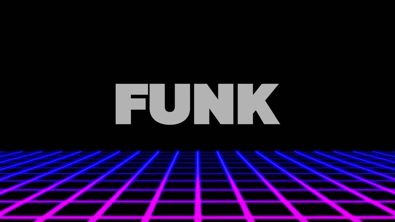 animación de texto funk en letras blancas sobre fondo y cuadrícula negros