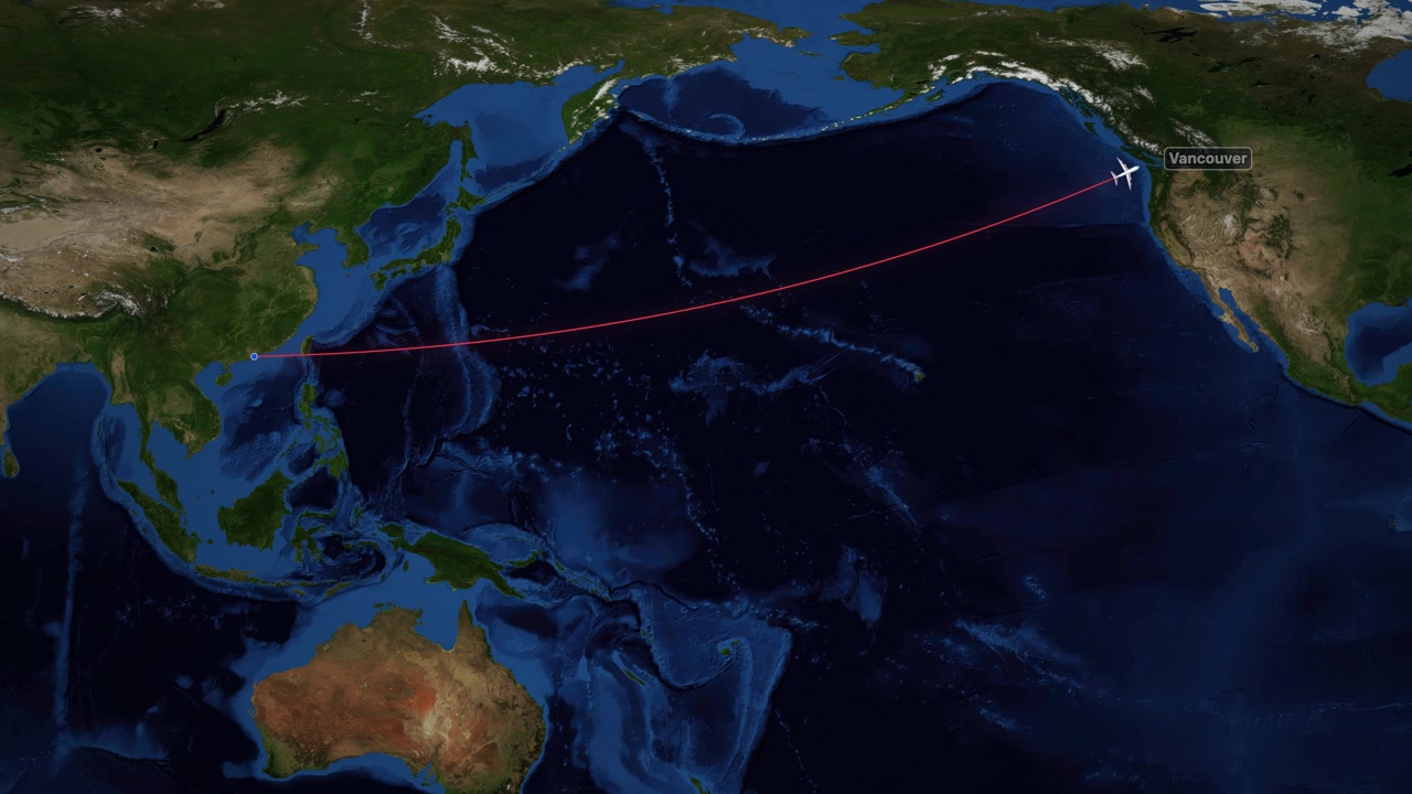 Satellite world map animation tracks a red flight path from Hong Kong to Vancouver