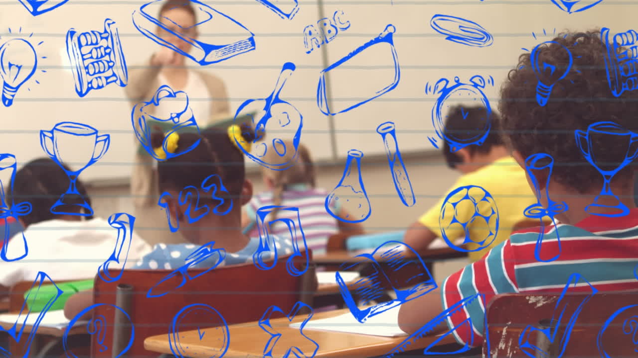 animación de iconos de artículos escolares sobre diversos escolares y maestras