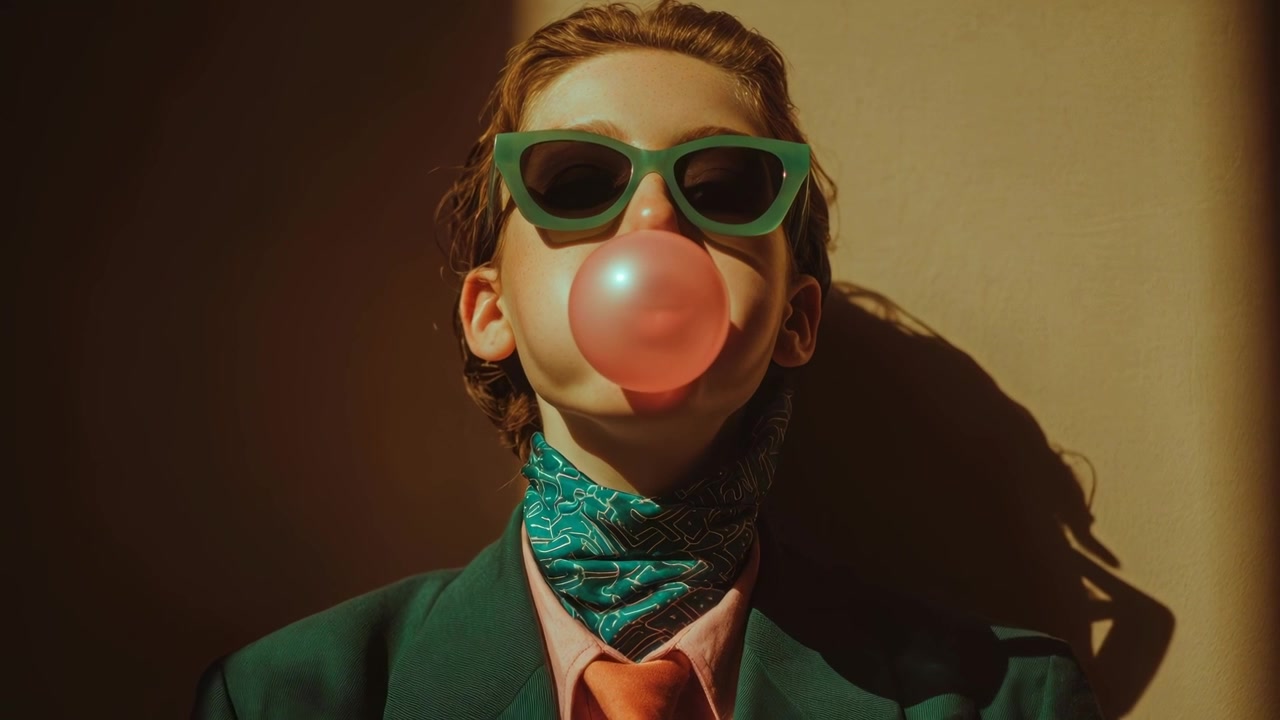 Persona alla moda con occhiali da sole che fa una bolla con una gomma da masticare rosa