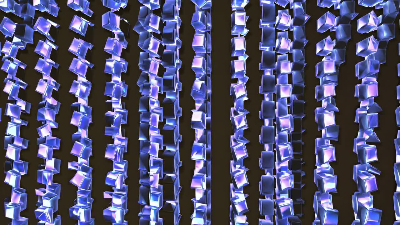 Flowing abstract light installation with shimmering cubes, creating a mesmerizing visual effect, showcasing dynamic movement and vibrant colors in a captivating scene