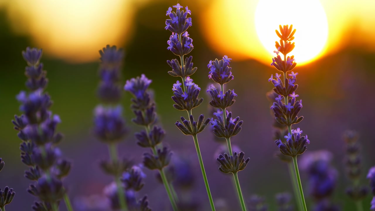 Steli di lavanda che brillano al tramonto. Primo piano di spighe di lavanda viola retroilluminate da un sole gigante, bokeh morbido