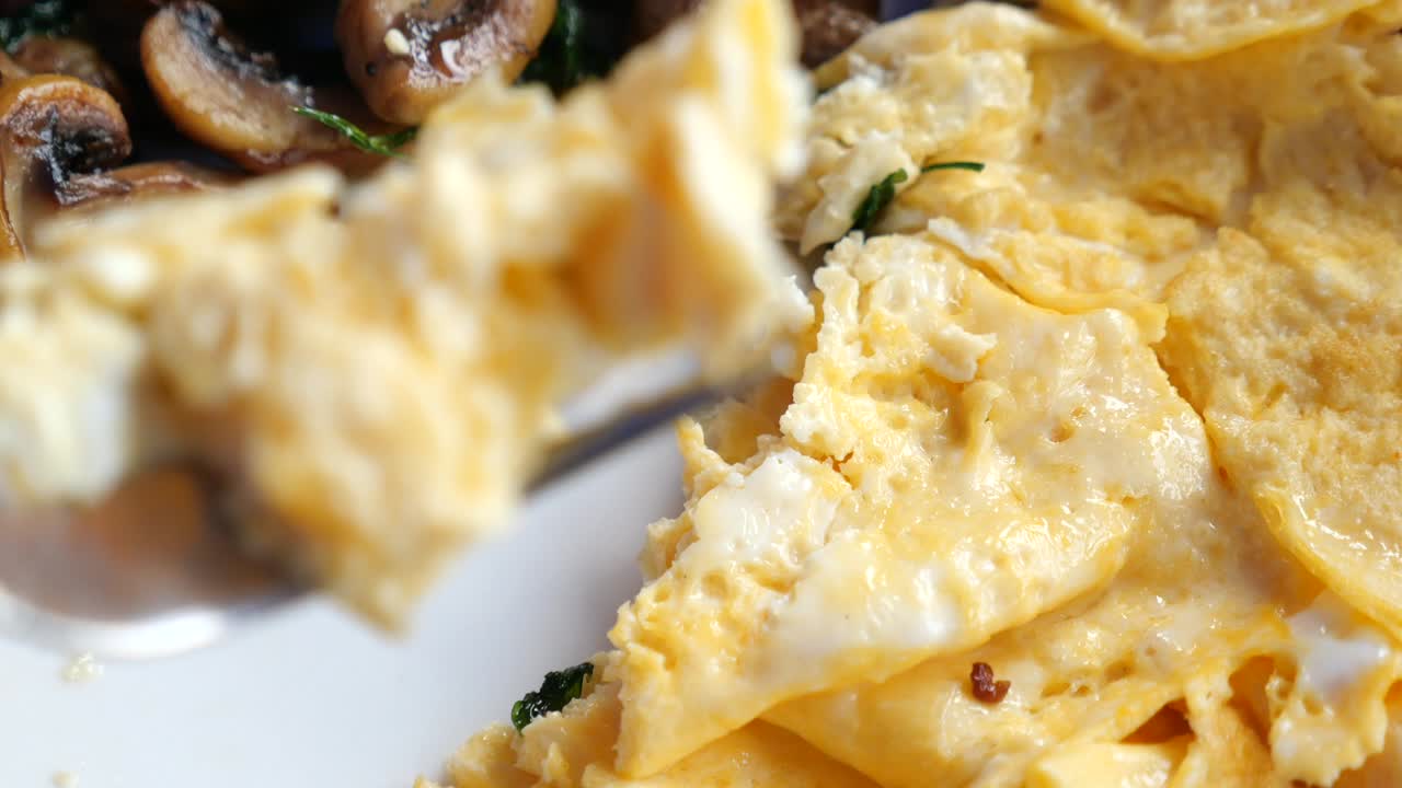 Close-up of Scrambled Eggs and Mushrooms for Breakfast