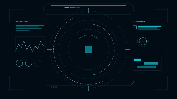 Futuristic Digital Interface Display with Data Analysis and System Status