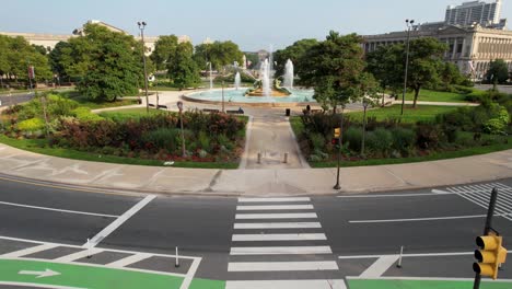 philadelphia logan circle low drone shot through fountain quiet summer morning