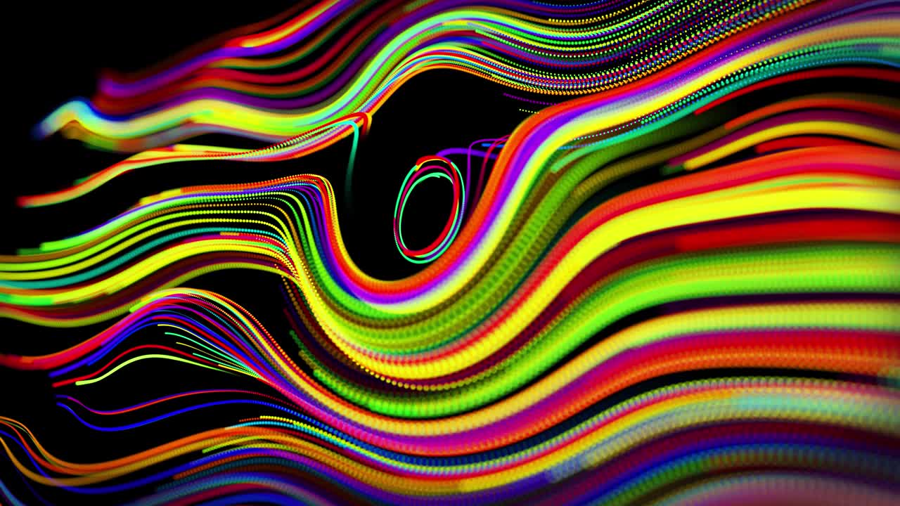 el flujo de partículas forma líneas rizadas como rastros de brillo de diferentes colores, las líneas forman un patrón giratorio como ruido de rizado. abstracto 3d bucle de flujo de animación como fondo festivo creativo brillante