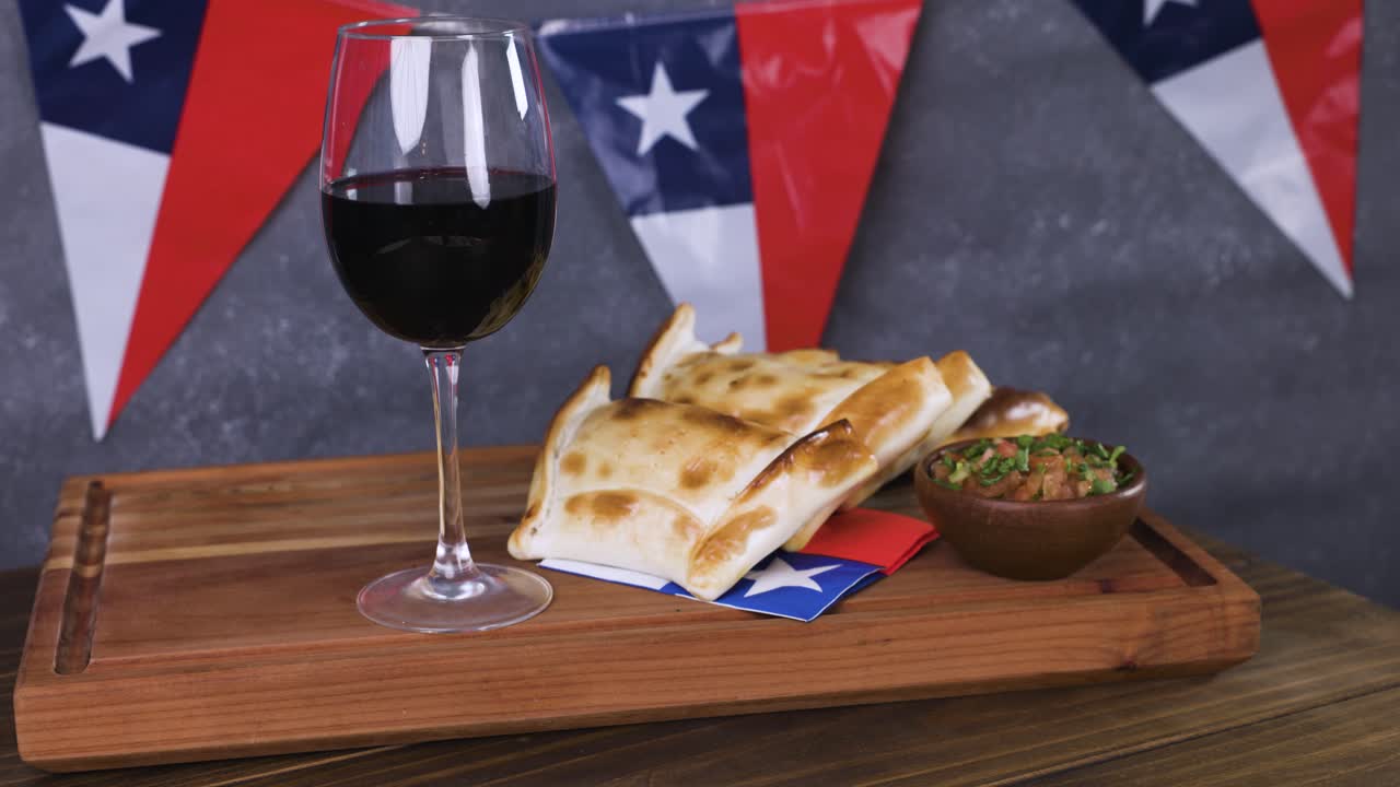 Chile Fiestas Patrias Chilean Flag Anniversary national day wine glass empanadas pebre