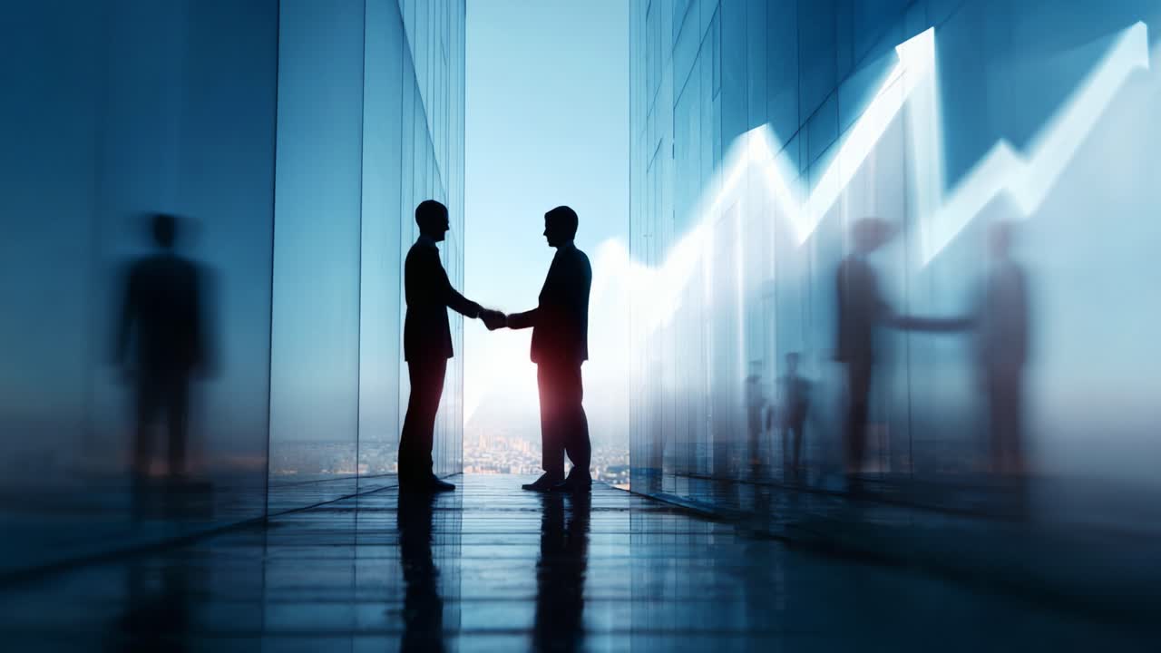 Zakelijke partnerschapvorming: twee professionals die elkaar de hand schudden met op de achtergrond stijgende financiële trends, weergegeven door een stijgende lijngrafiek in een moderne kantooromgeving