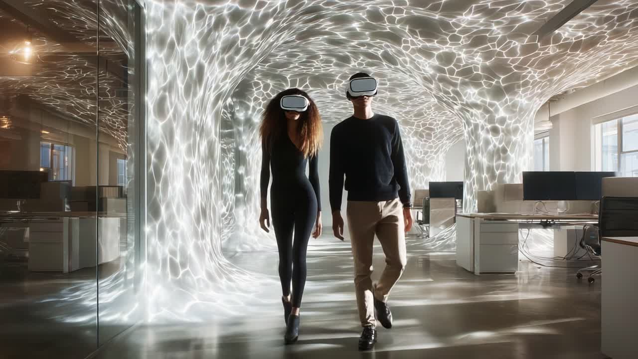 Udforskning af virtuelle virkeligheder: To personer med VR-headsets navigerer i et futuristisk kontormiljø, der er forbedret med kunstneriske lysmønstre og innovativ teknologi