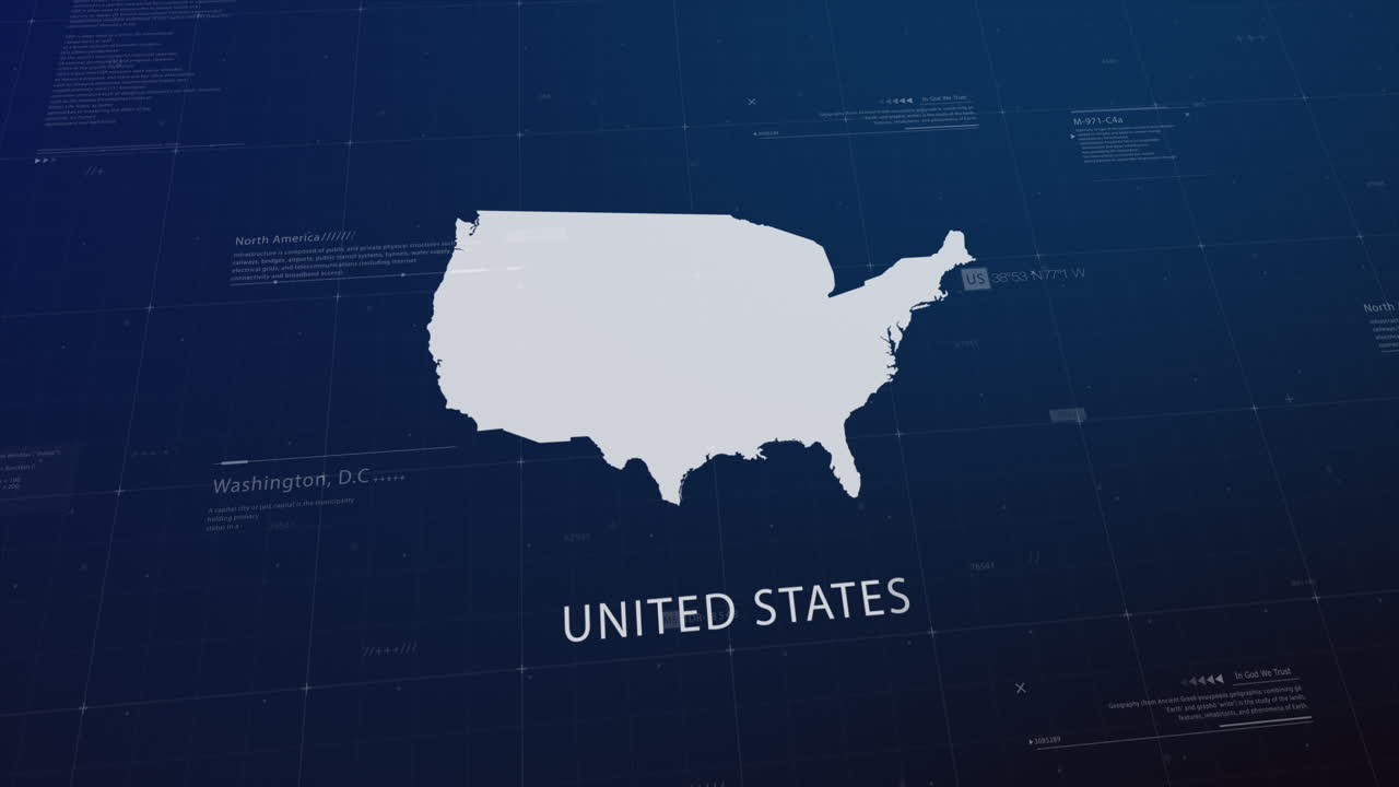 United States of America country map comes to life with cinematic panning, unveiling key details, the capital, and slogan, providing an engaging background for corporate and commercial use