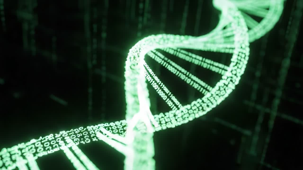 Illustration of DNA Helix Intertwined with Binary Code, Representing the Intersection of Genetics and Digital Technology in a Futuristic Concept
