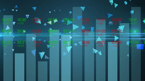 animation of data processing and statistics recording with floating triangles over blue background
