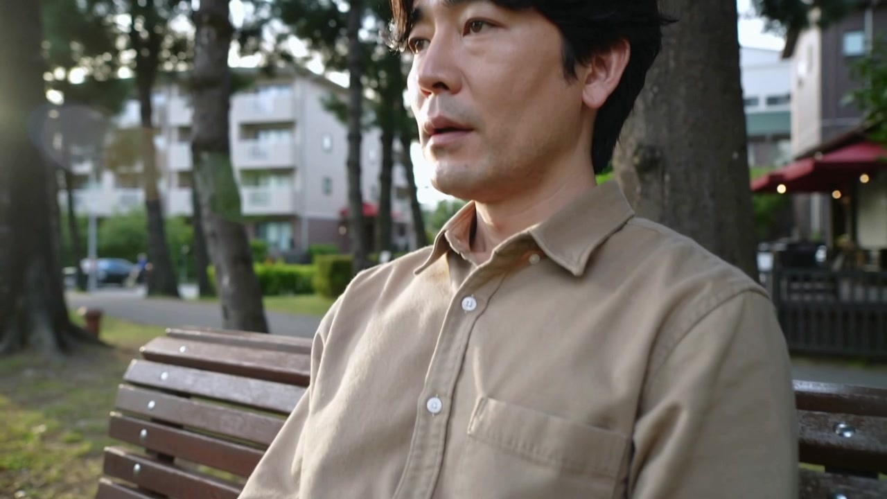 カメラが引いて、公園のベンチで物思いにふけり、息をしながら口を動かすベージュのトップスを着たアジア人男性を映し出す。