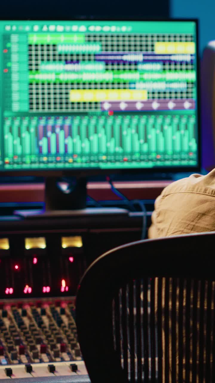 Audio Engineer Working on Mixing Console in Music Studio