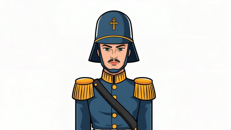 Reazione alla sequenza di fotogrammi, guardia in uniforme che sorride sottilmente in studio con elmetto, spalline, fascia