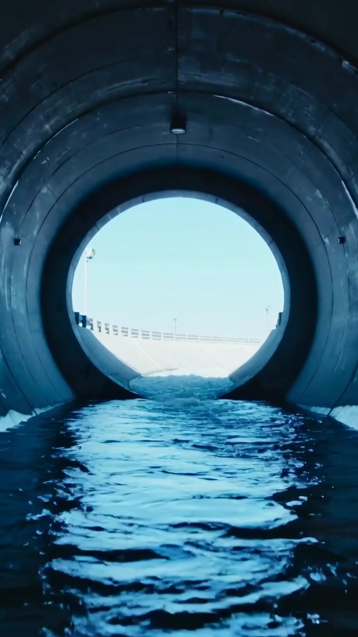 Dikey video: Beton menfezdeki dalgalanan su çıkış rampasına akıyor, güneş çıkışı aydınlatıyor.