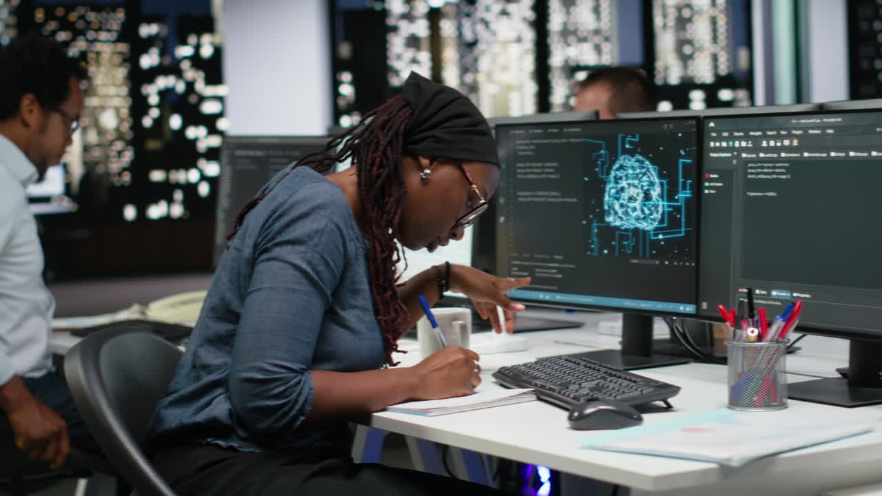 African American Woman Programmer Working on Multiple Computer Screens in Office