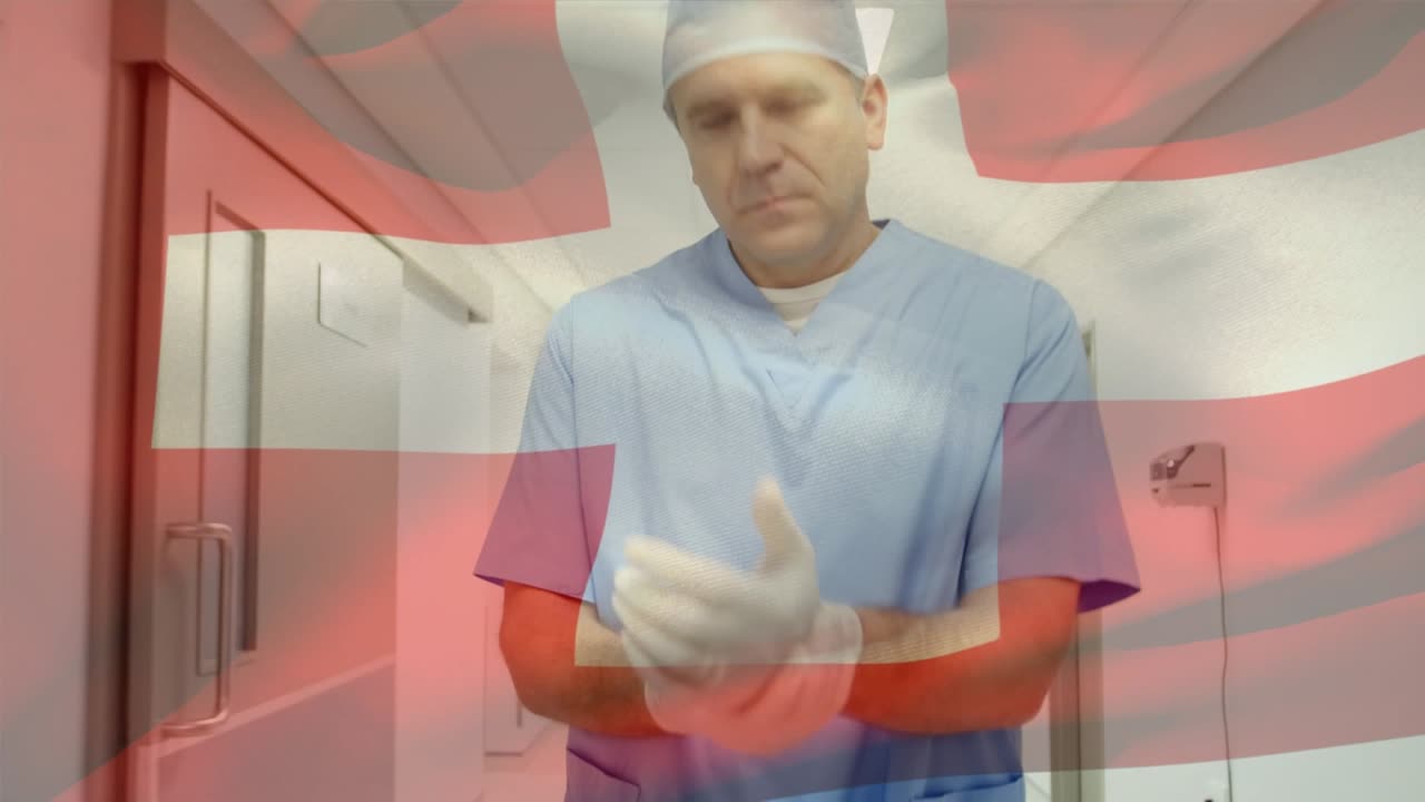 Animazione della bandiera della Svizzera su un medico maschio caucasico che cammina.