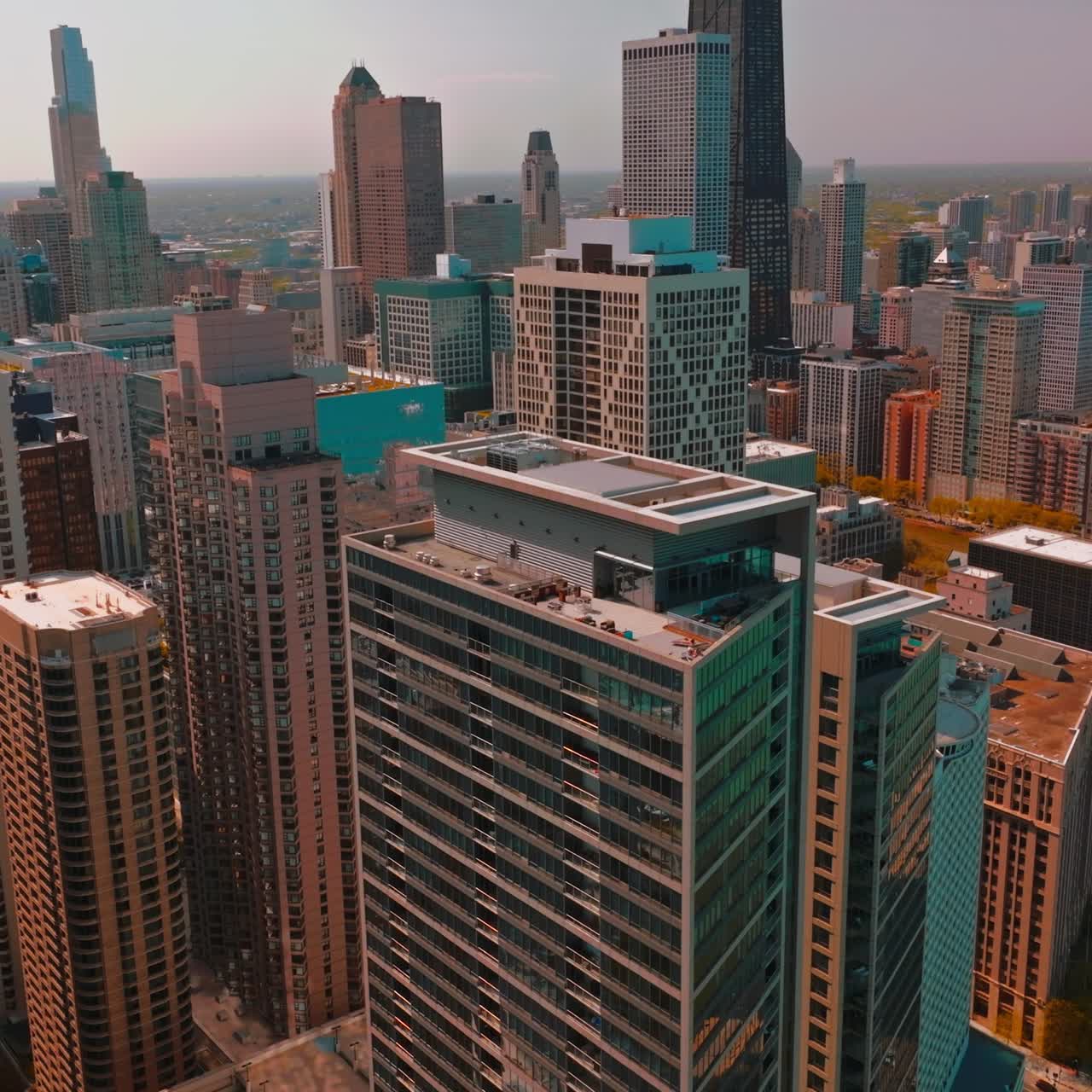 Stunning view of Chicago skyscrapers at sunny daytime. Busy road going through the lake waterfront