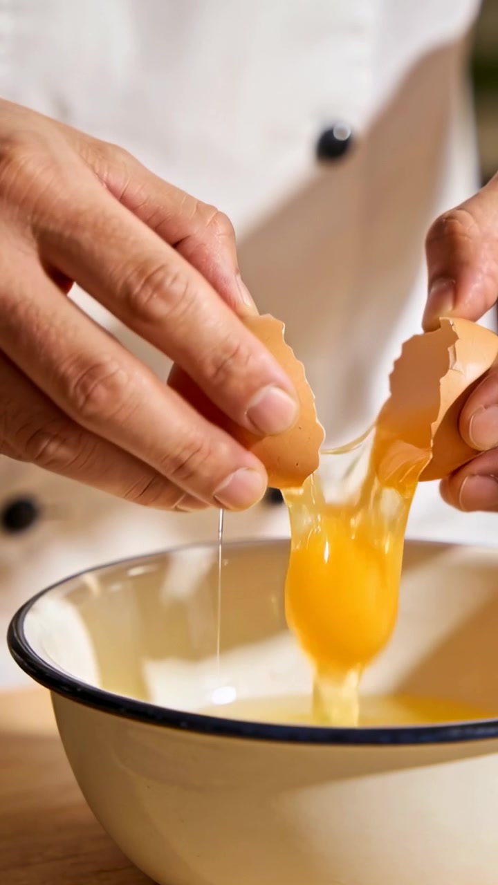 Vertical video: Cracking hands pouring eggs into enamel bowl on wood counter, in coat making batter