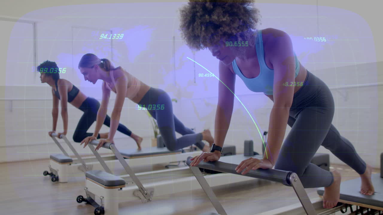 Women exercising on reformer machines with data processing animation overlay