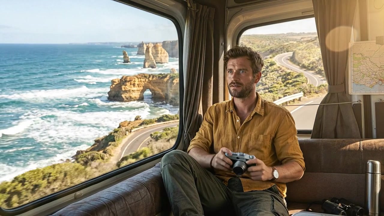Uomo che fotografa un paesaggio costiero dall'interno di un camper
