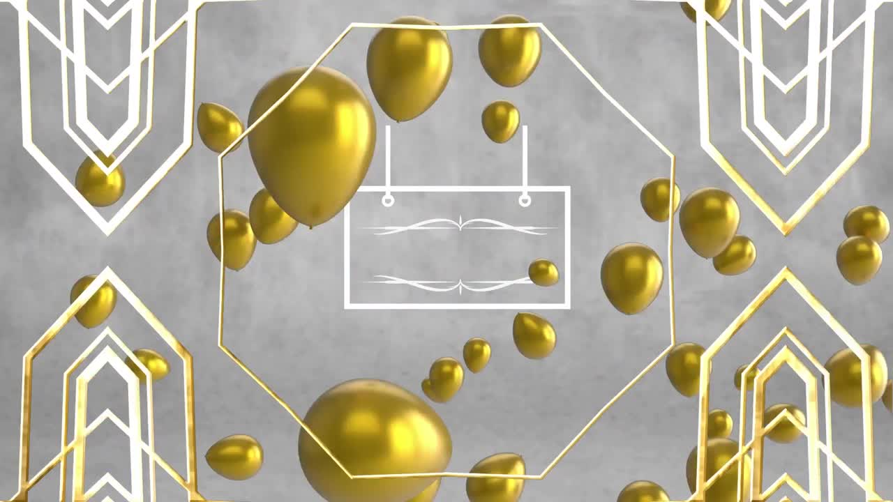 animación de globos de oro y formas que se mueven sobre el marco sobre un fondo gris