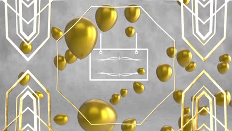 animation of gold balloons and shapes moving over frame on grey background
