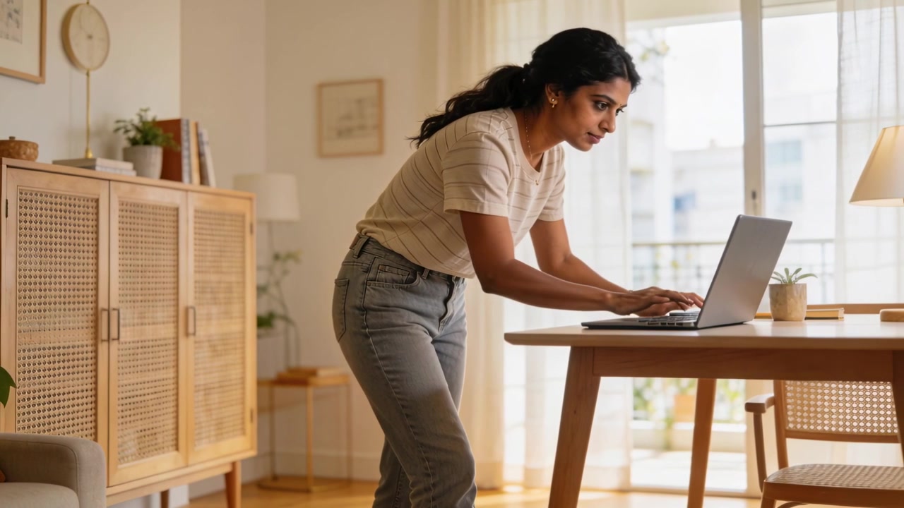 Una donna indiana adulta con un top a righe mette le mani sulla tastiera e digita, lavorando da casa al laptop.