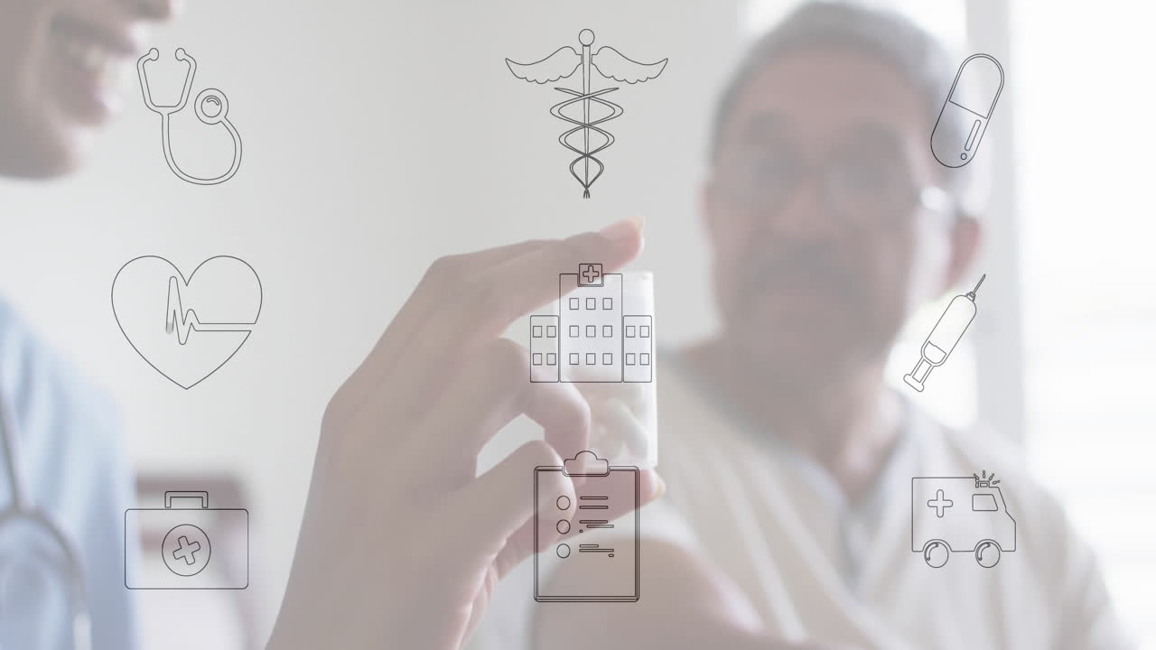 Doctor holding pill during medical consultation, displaying floating healthcare icons