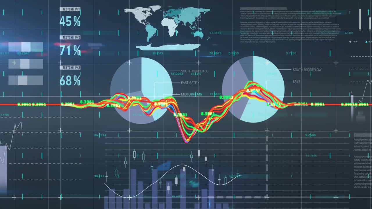 Animation of colorful financial graphs and data charts on world map statistics