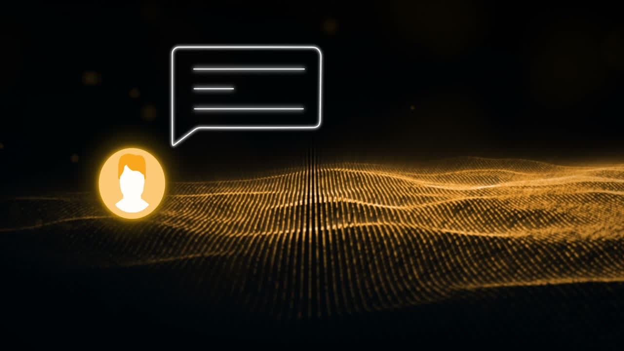 Animation of yellow shapes and social media alert with user icon over black background