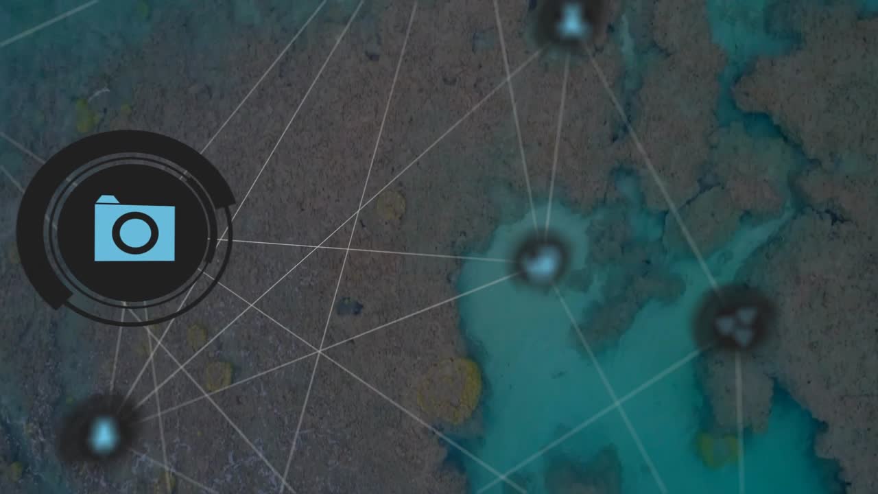 Camera panning revealing reef, interface icons fading and connecting, pulsing, mapping coastal data