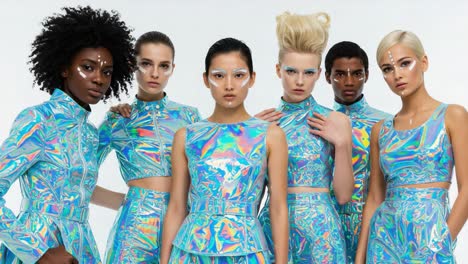 a stunning showcase of modern fashion: six models dazzle in iridescent couture, exuding confidence and style against a clean background