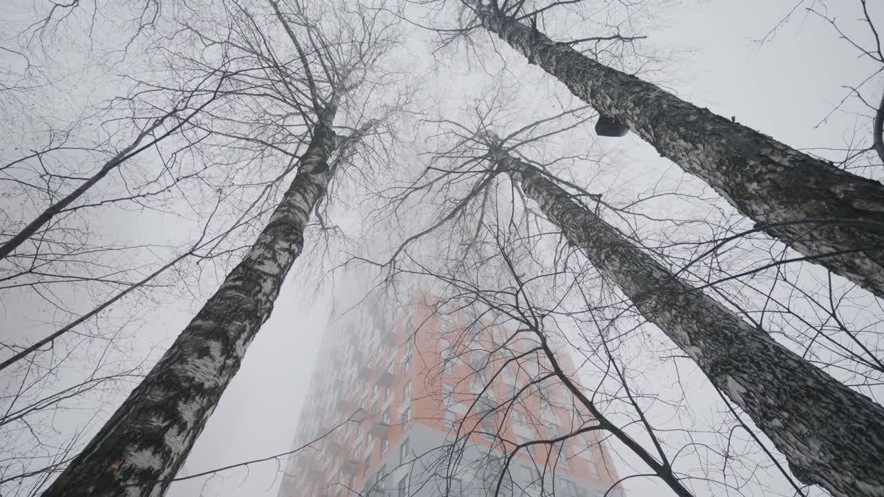 paisaje urbano nebuloso con edificios de apartamentos y árboles