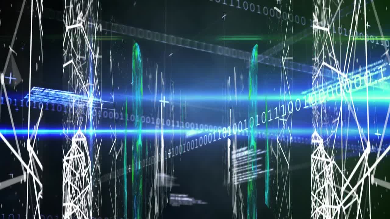 검은색 배경에 있는 데이터 처리, 조명 및 모양의 애니메이션