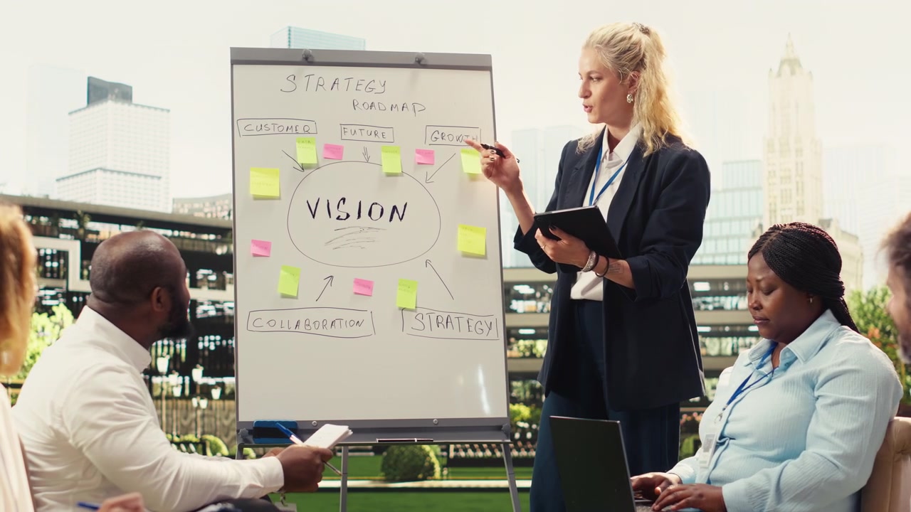 Businesswoman pointing at action plan timeline on whiteboard