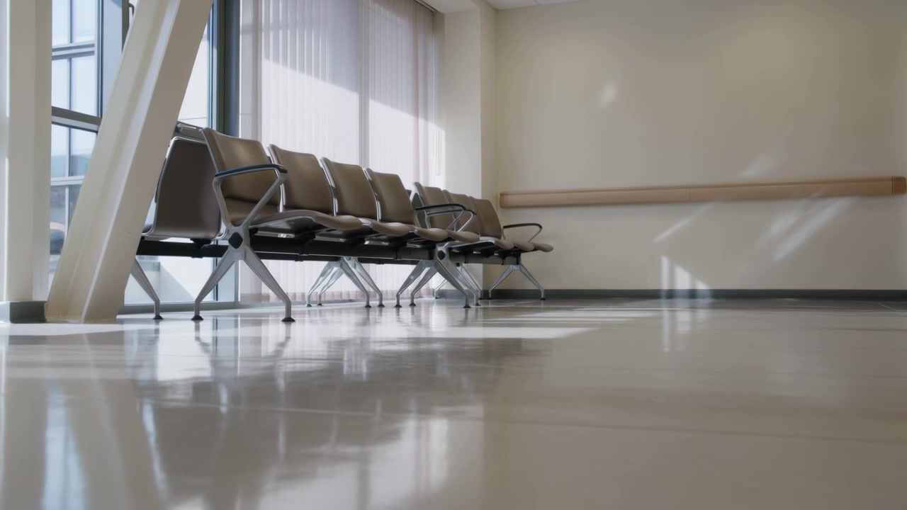 Moving low-angle camera forward right, showing clinic chairs by windows, small bag, floor glare
