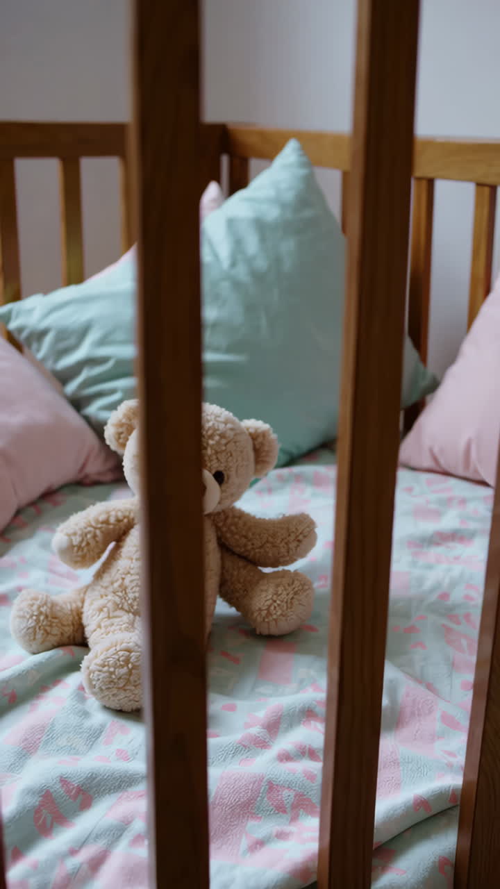 Baby crib with teddy bear and pastel pillows