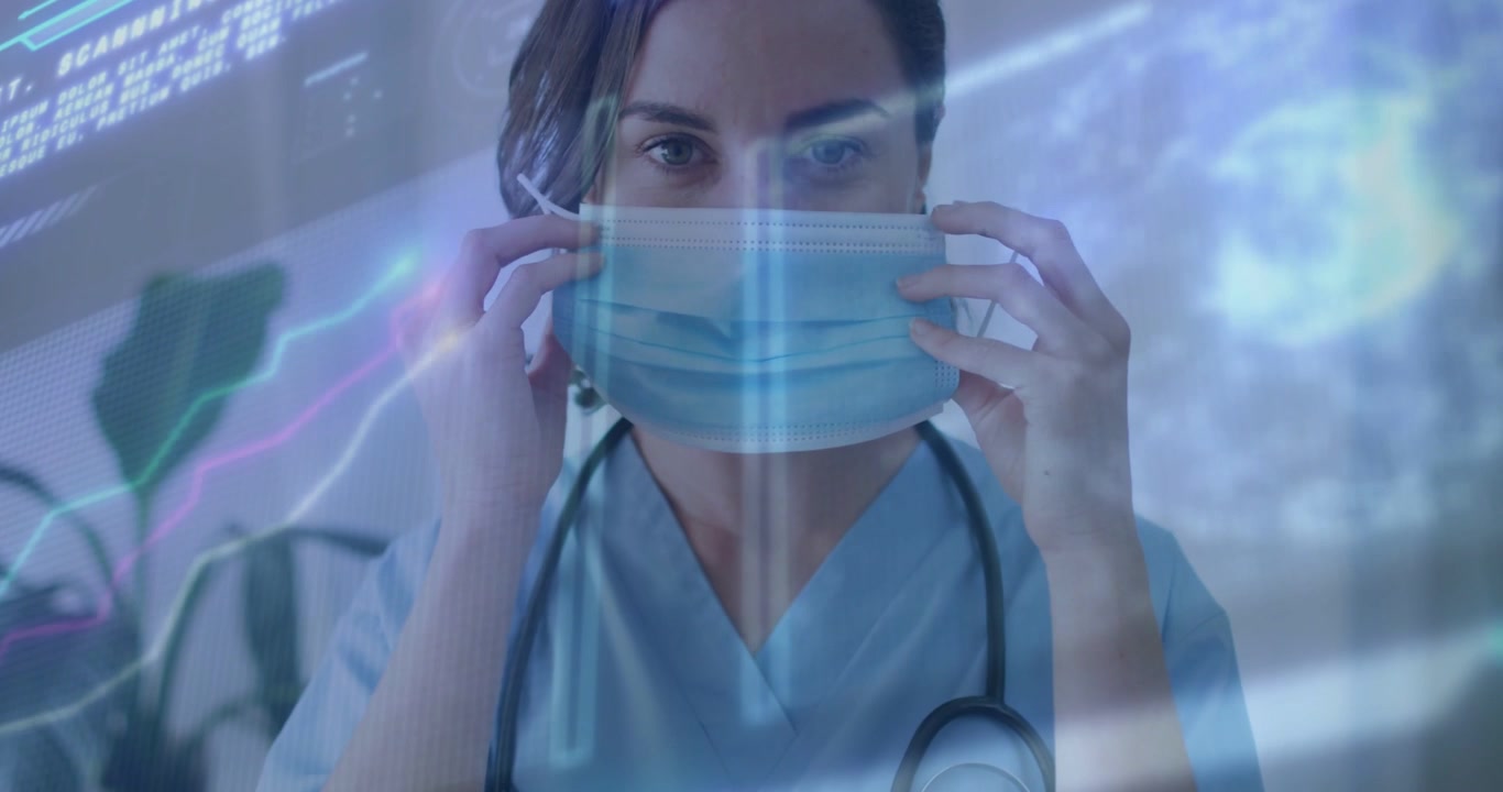 Clinico che si prepara per l'esame, indossando la maschera, sollevando e agganciando i passanti, regolando la visuale con HUD.