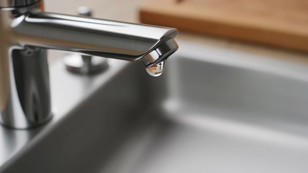 Close Up Stainless Sink Faucet Dripping. Sequence Shows Homeowner Checking Tiny Leak On Chrome Spout