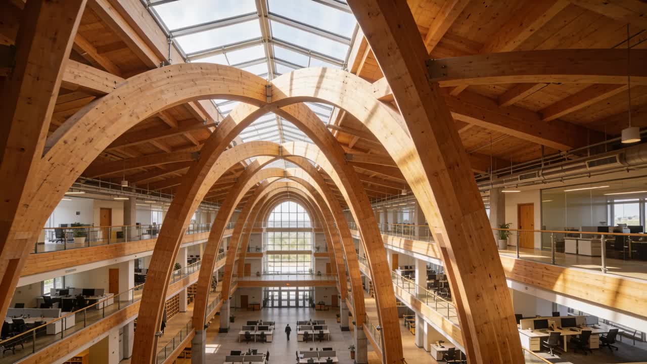 Membri dello staff camminano lungo un corridoio della biblioteca, mentre la telecamera si avvicina e il lucernario si sposta, rivelando archi in legno.