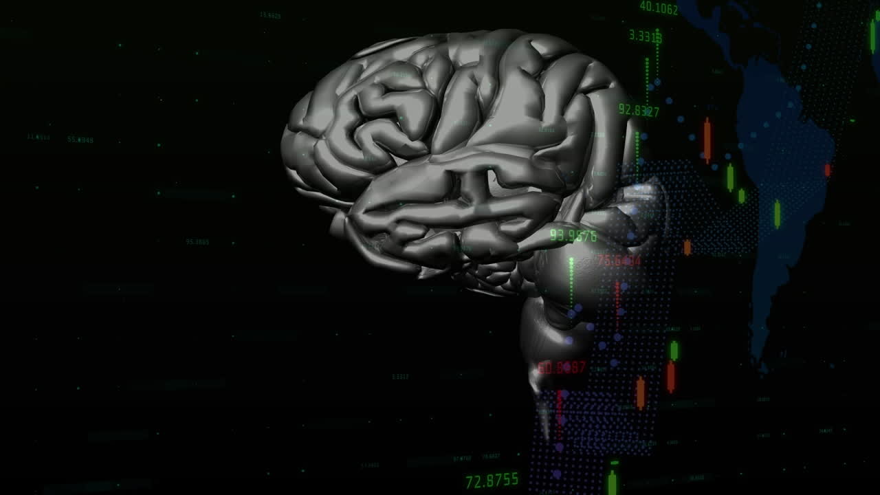 Animation of graphs over rotating brain on black background